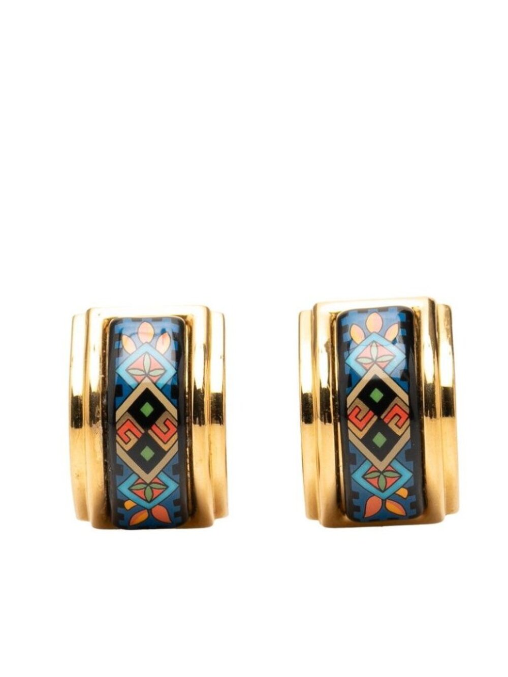 Hermes Enamel Cloisonne Earrings Ear Clips Gold Multicolor Plated